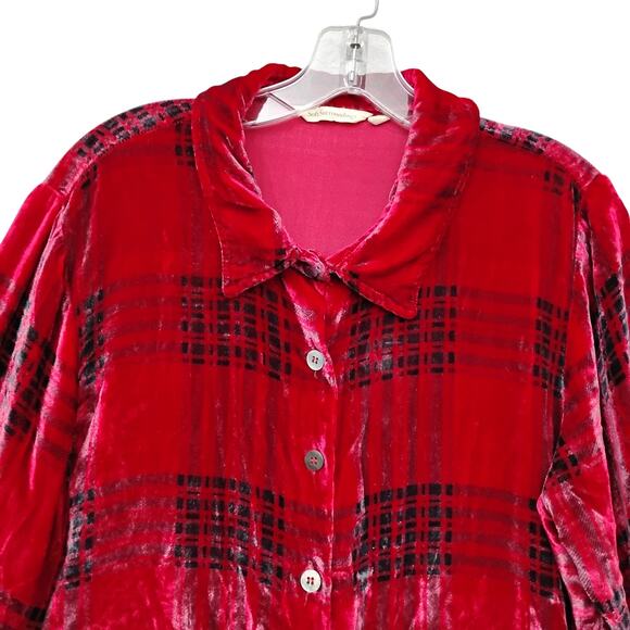 Soft Surroundings Blouse Size Large Red Festive Velvet Button Down - Picture 8 of 14